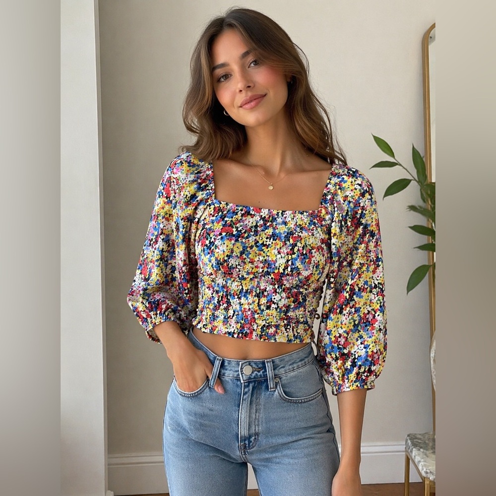 Dizzy Gals Floral Ruched Crop Top S | Puff Sleeve Square Neck Blouse